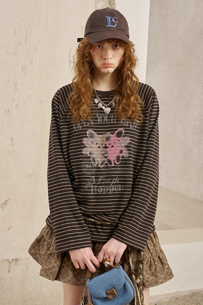Bear Print Striped Long Sleeve T-Shirt