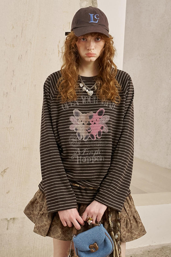 Bear Print Striped Long Sleeve T-Shirt