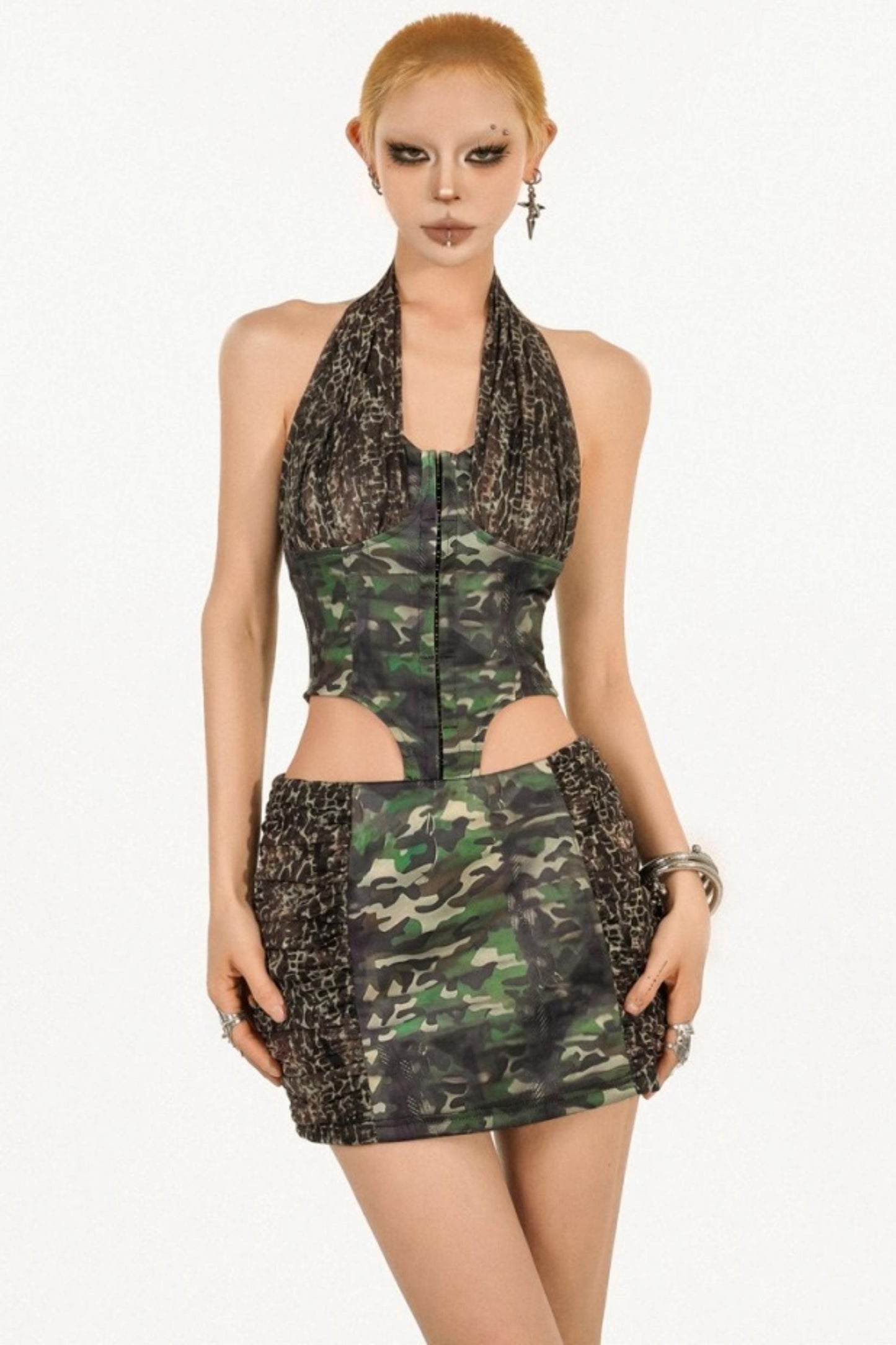 Camouflage Backless Halterneck Dress