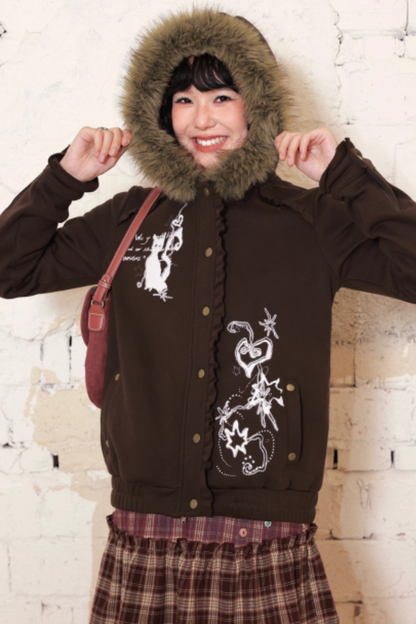 Dark Brown Hooded Jacket Skirt Set-Up