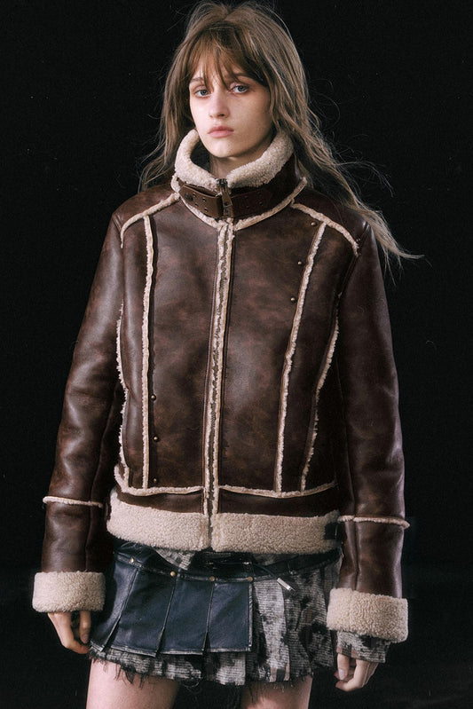 Brown Fleece Retro Biker Jacket