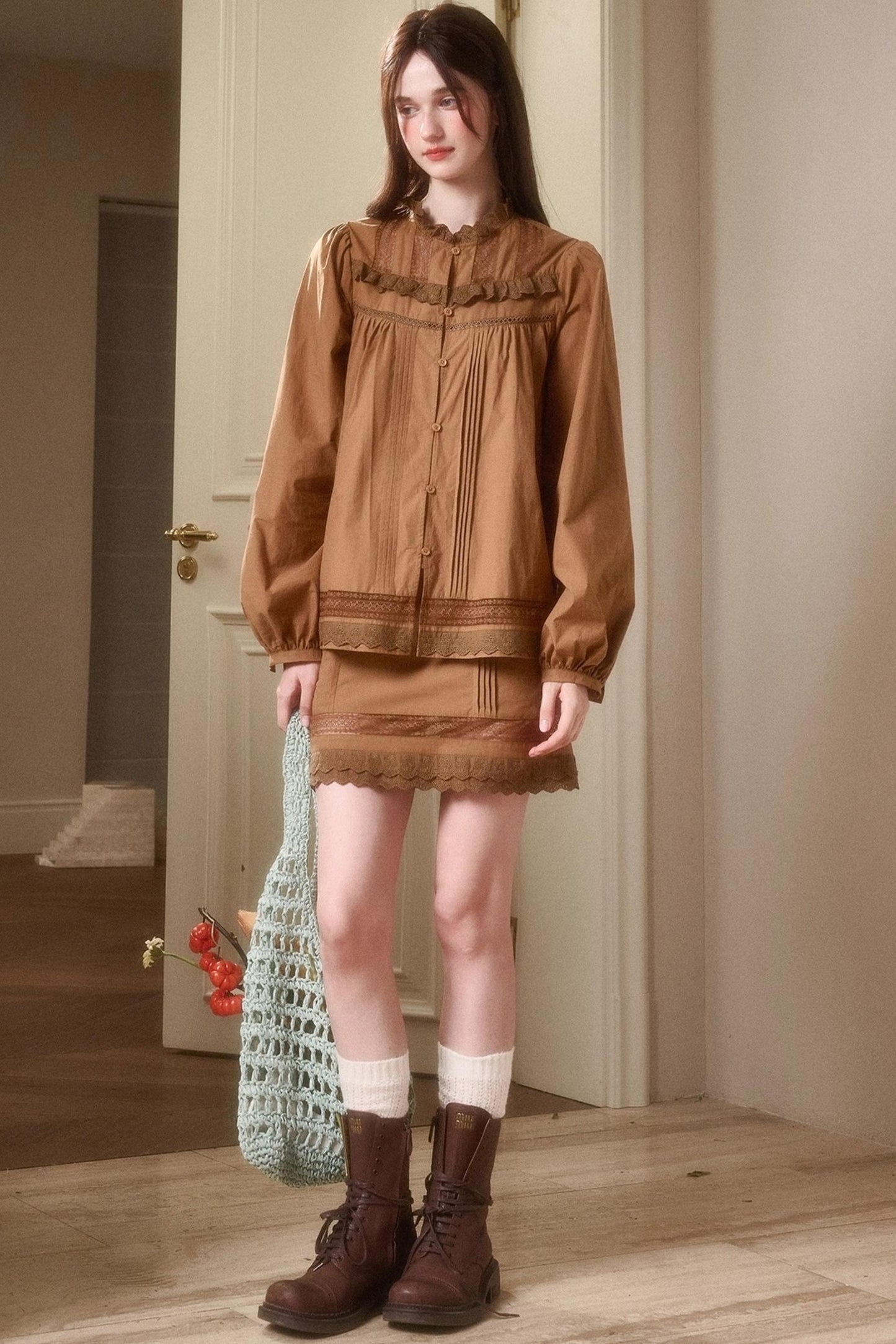 Cotton Lace Shirt With Skirt Set-Up