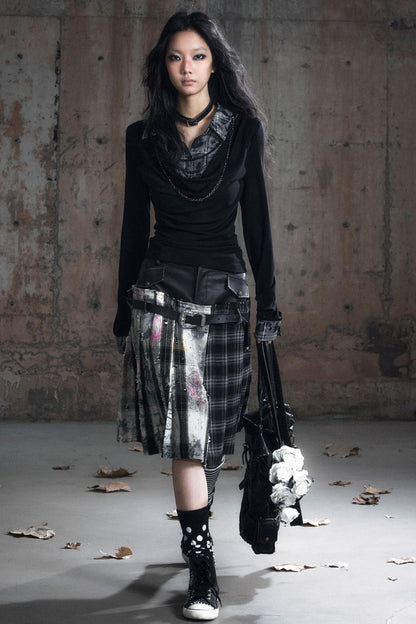 Leather Waist Plaid Pleated Skirt
