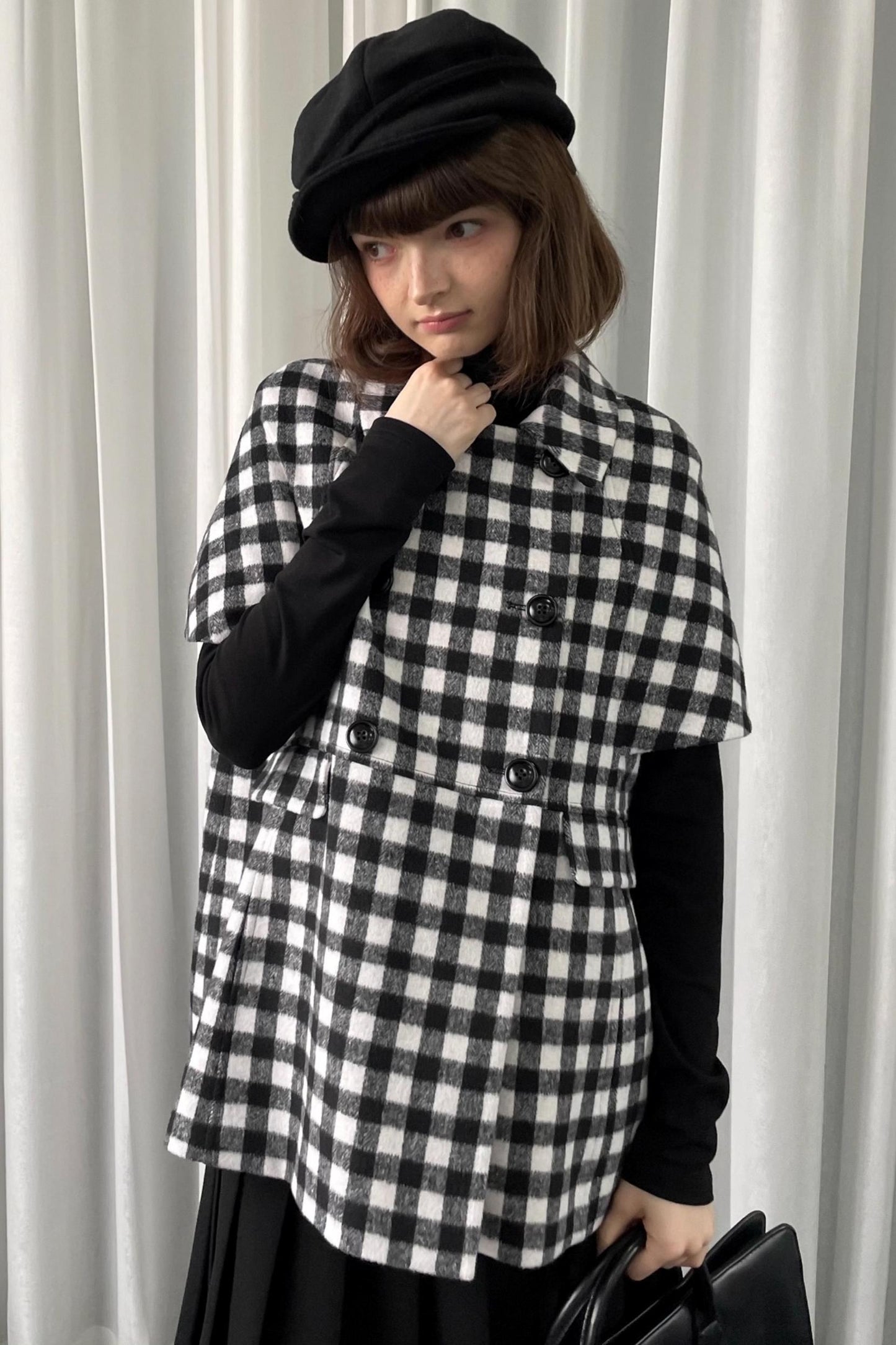 Black Plaid Lapel Woolen Coat