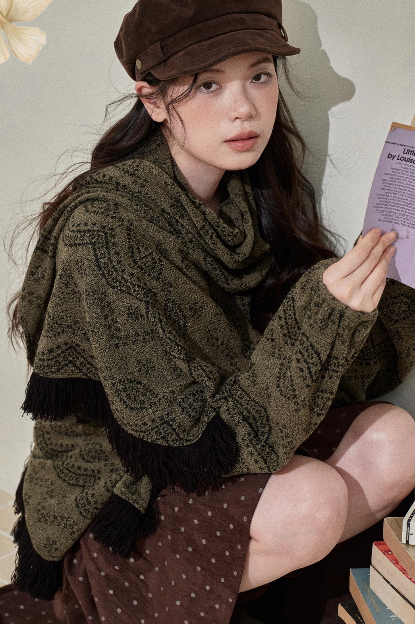 Dark Green Vintage Fringed Top & Scarf Set