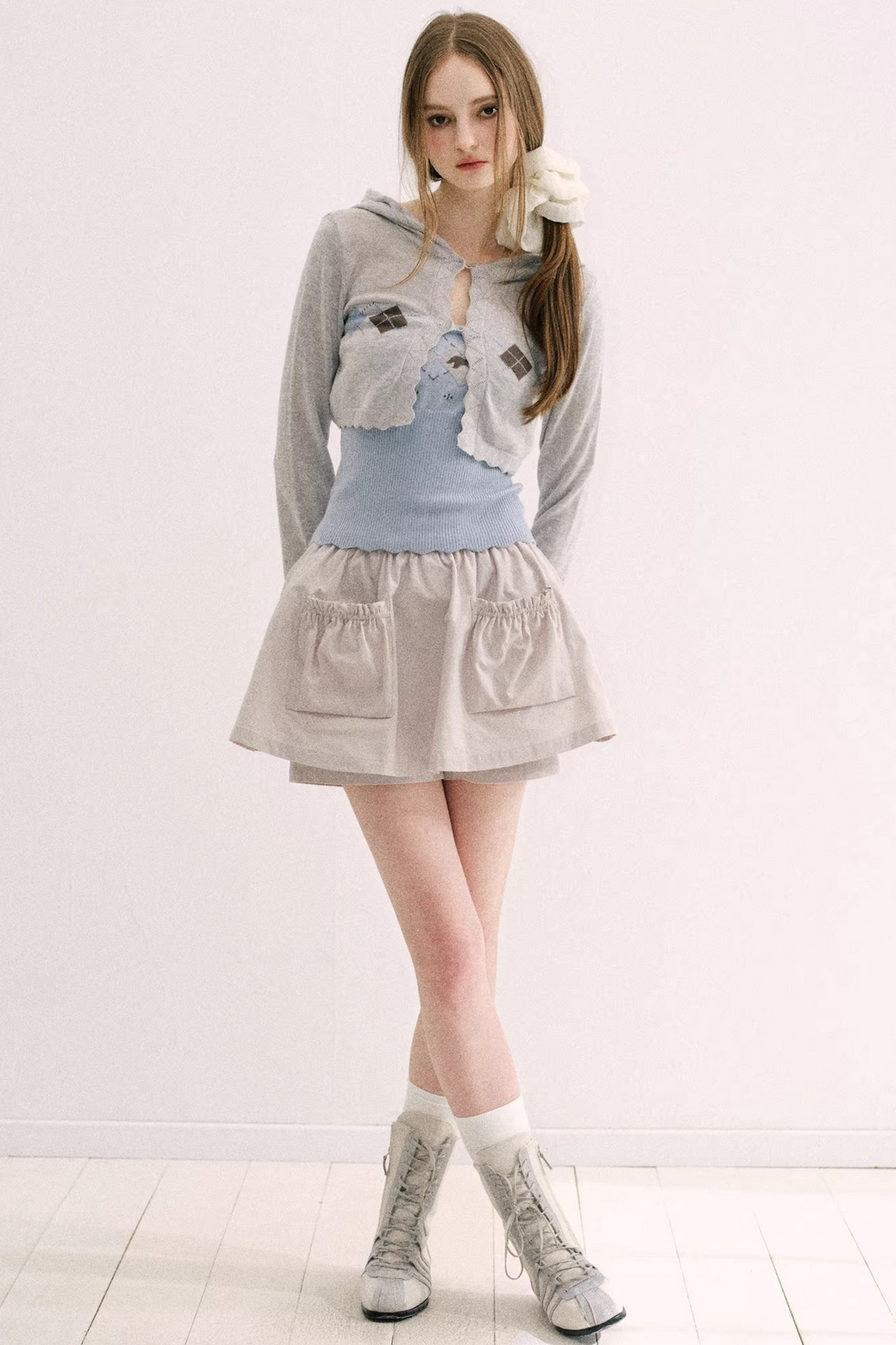 Yellow-Blue Diamond Hooded Cardigan Set-Up