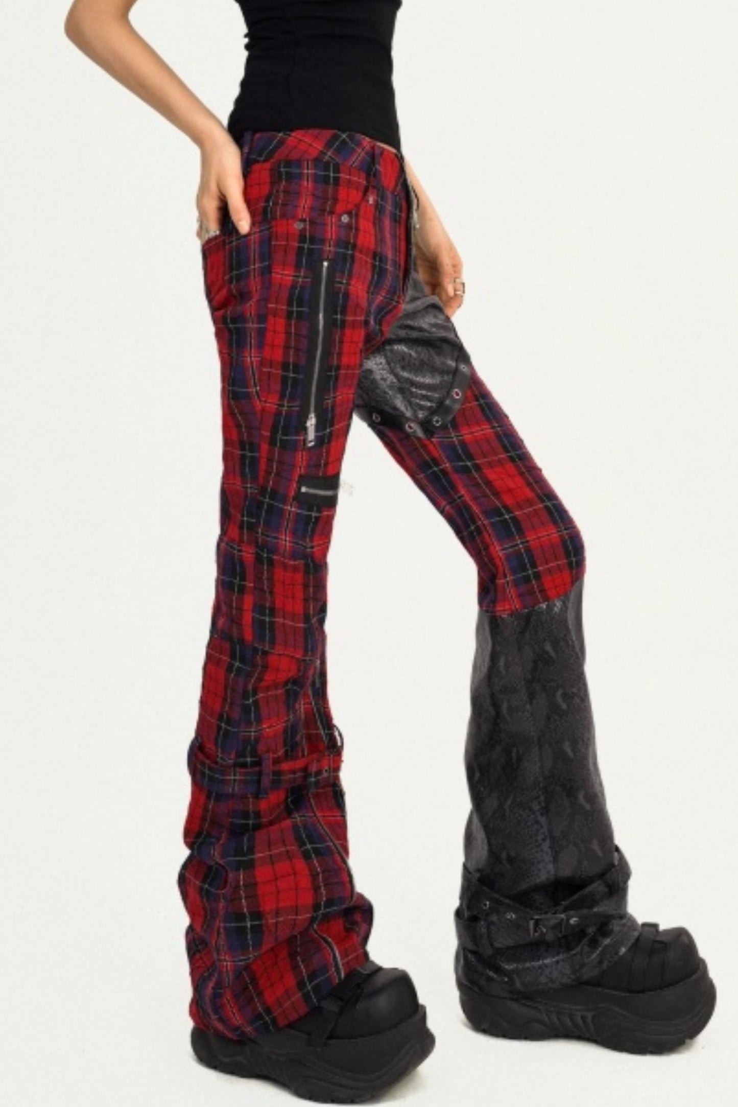 Plaid Patchwork Leather Pants