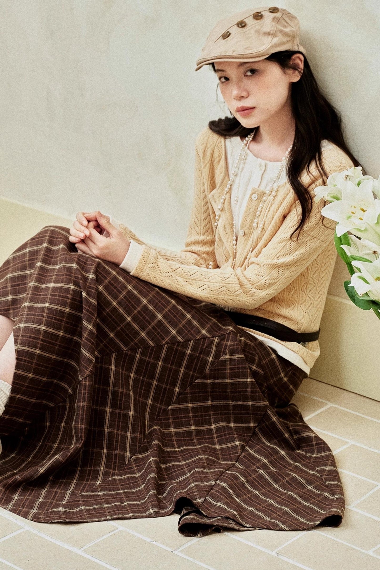 Gray-Brown Two-Tone Plaid Irregular Skirt