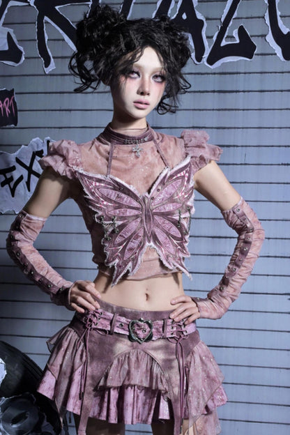 Butterfly Sequins Denim A-Line Skirt