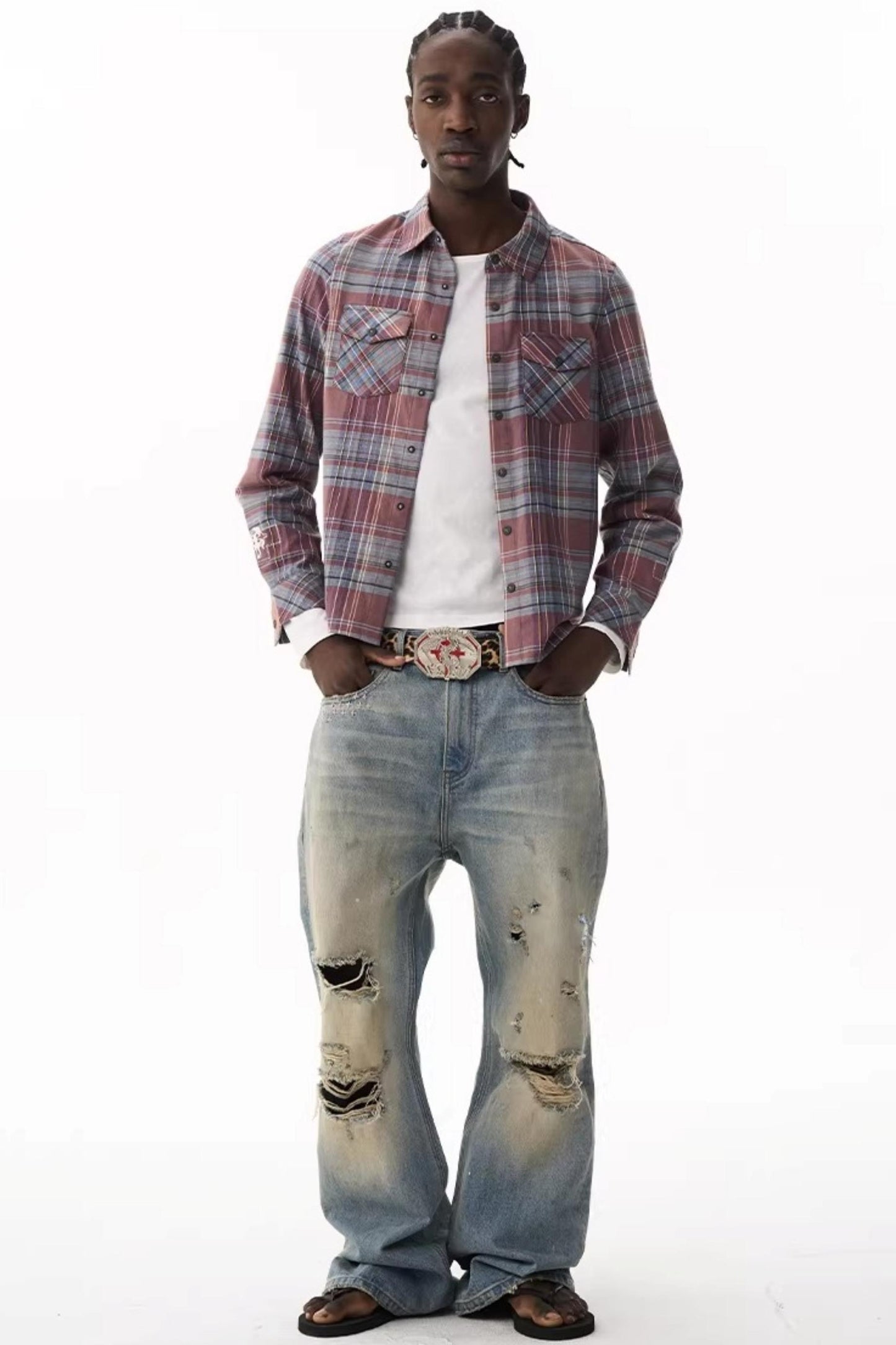 Exitmode Short Plaid Embroidered Shirt