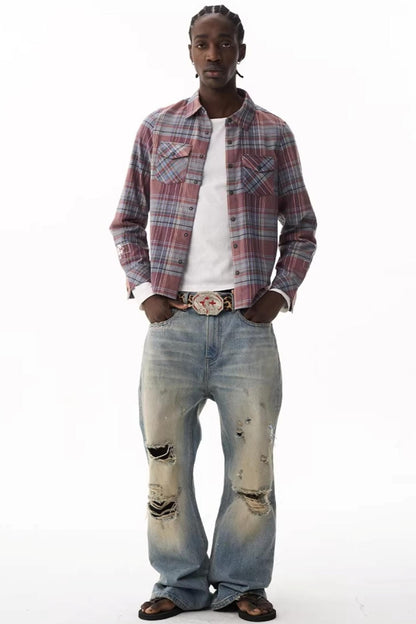 Exitmode Short Plaid Embroidered Shirt