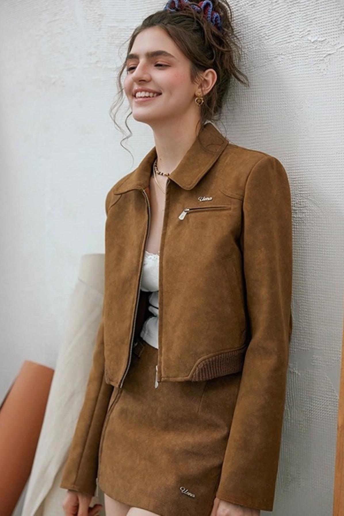 Caramel Brown Faux Suede Jacket Set-Up