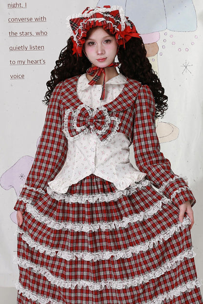 Christmas Red Checkered Bow Short Jacket