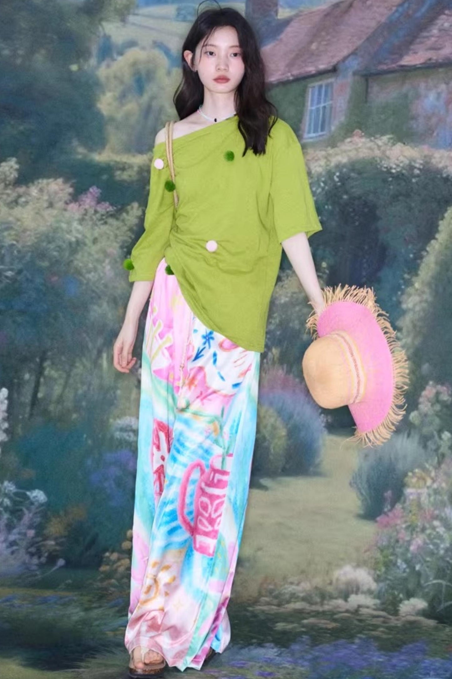 Bird and Floral Wide-Leg Pants