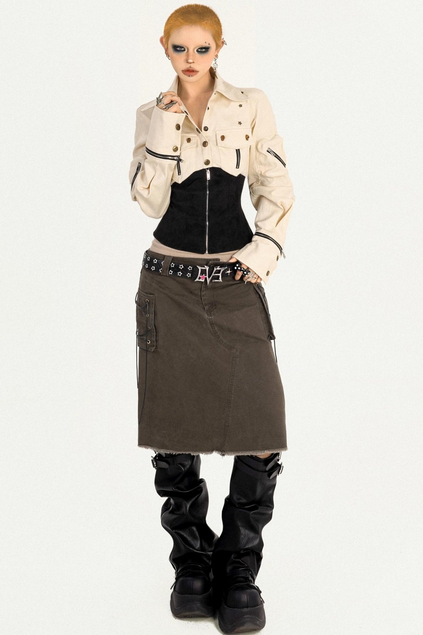 Cool Waist Design Zipper Long Sleeve Top