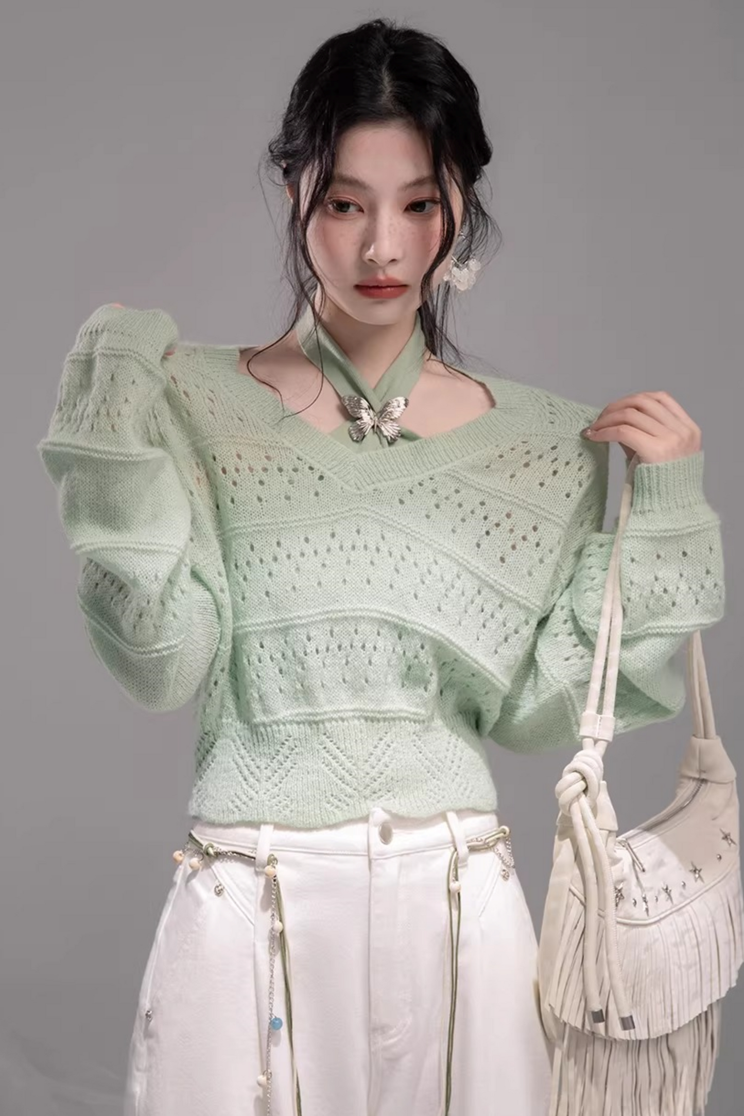 Frühlingsgrünes Strickwesten-Zweiteiliges Set