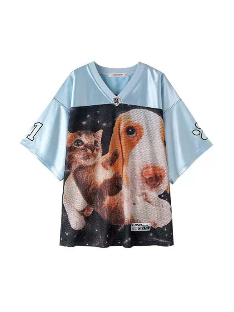 Dog & Cat Print Oversized V-Neck T-Shirt