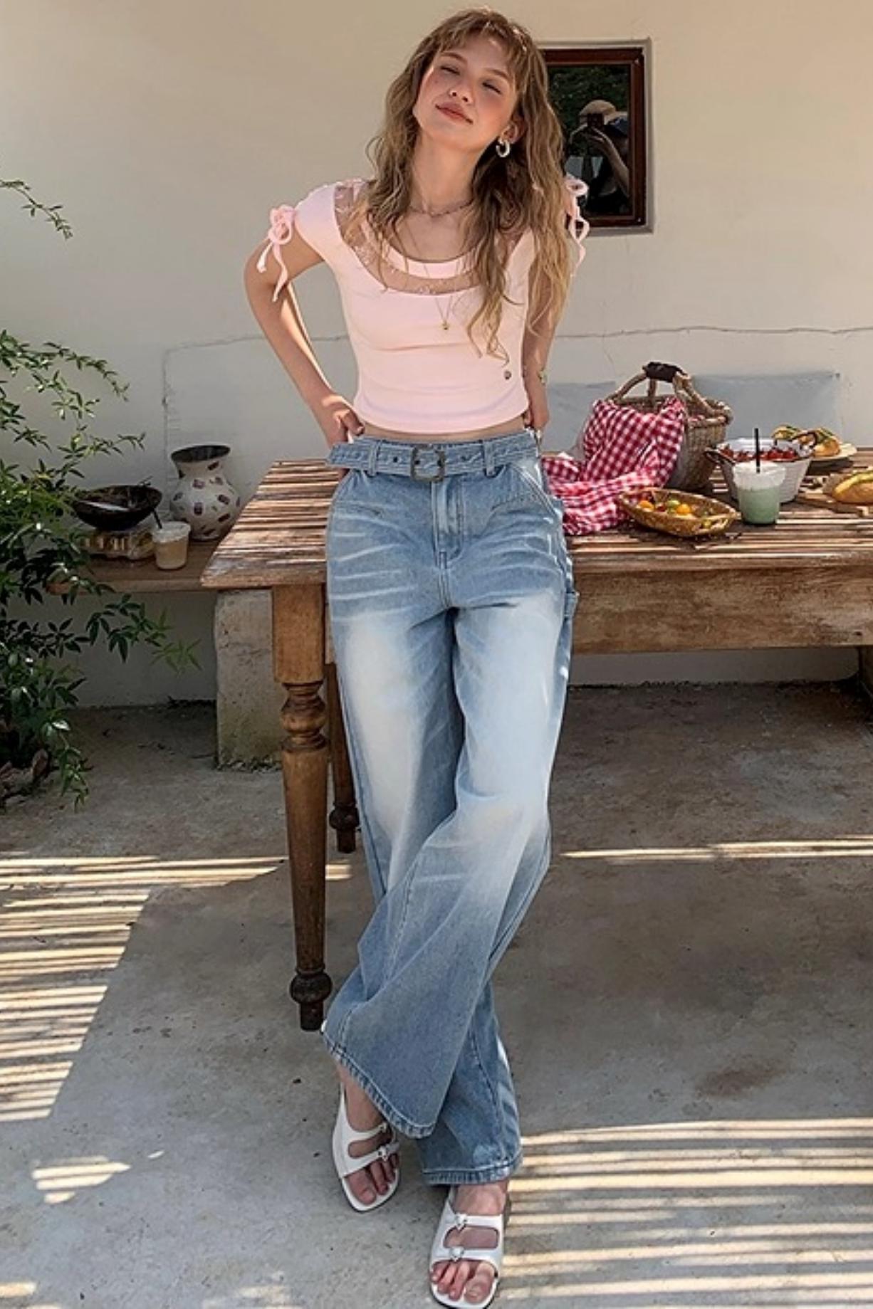 Vintage Blue Distressed Straight Jeans