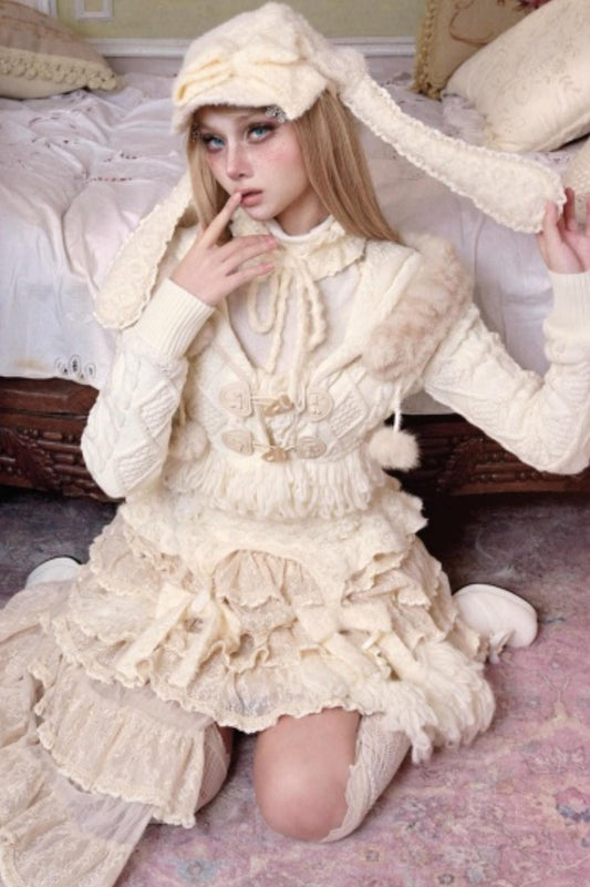 Slavic Knit Hooded Cardigan Hat Set-Up