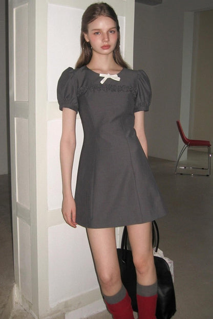 Detachable Bow Bubble Short Sleeve Dress
