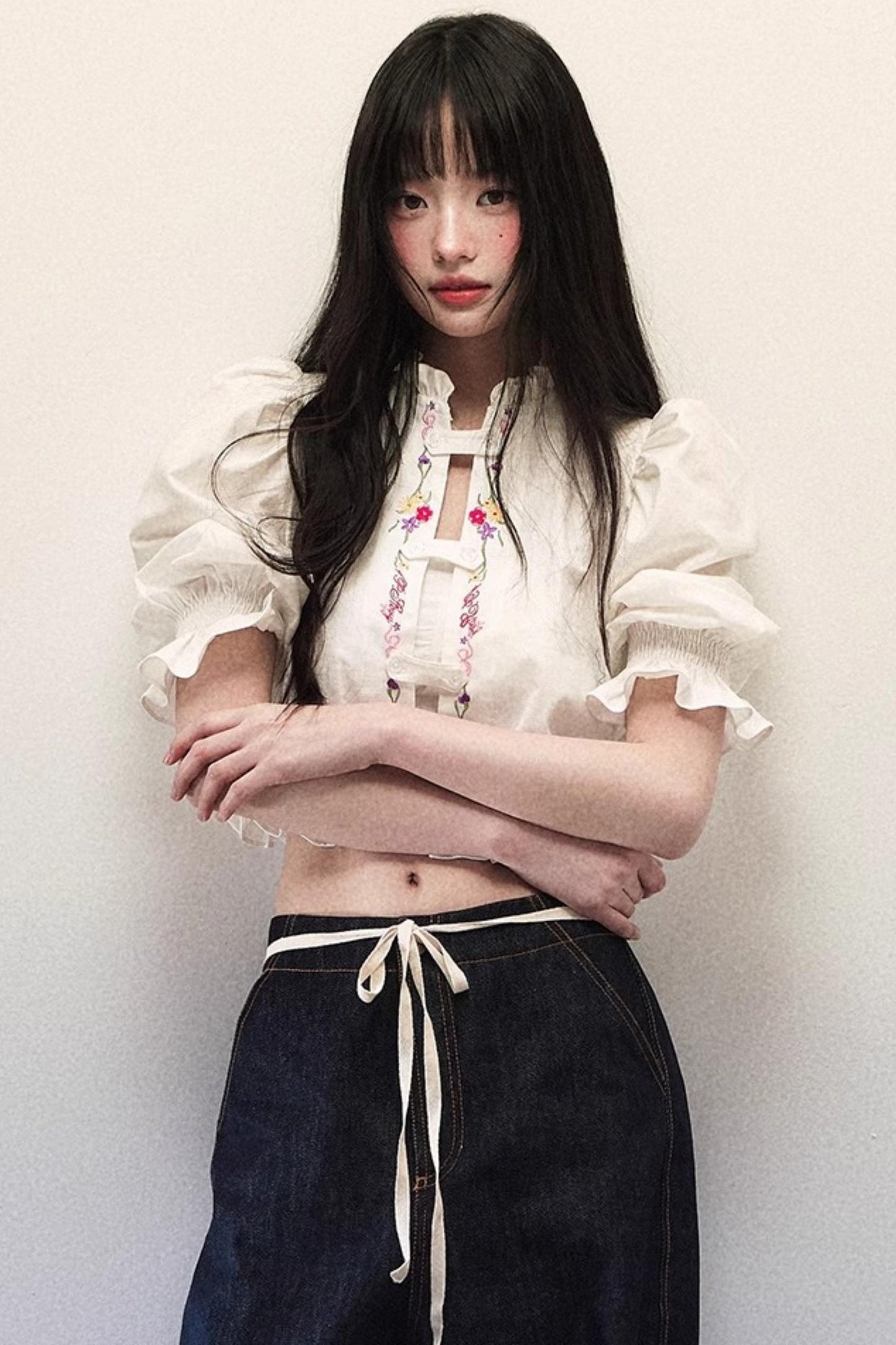 Embroidered Bubble Sleeve Blouse