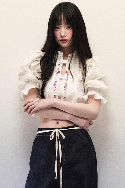 Embroidered Bubble Sleeve Blouse