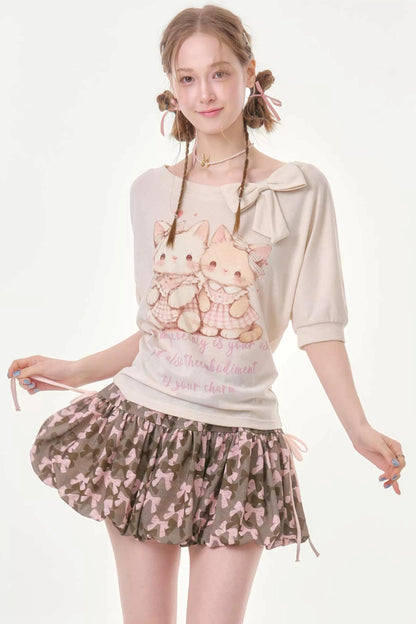 Playful Cat Print Bow Top