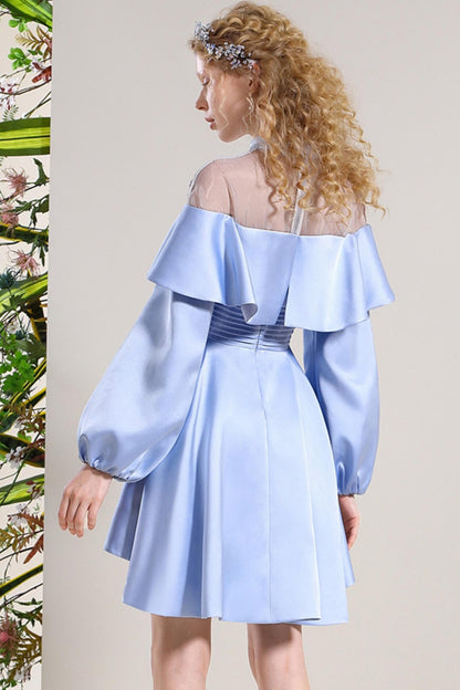 Blue Satin Ruffle Dress