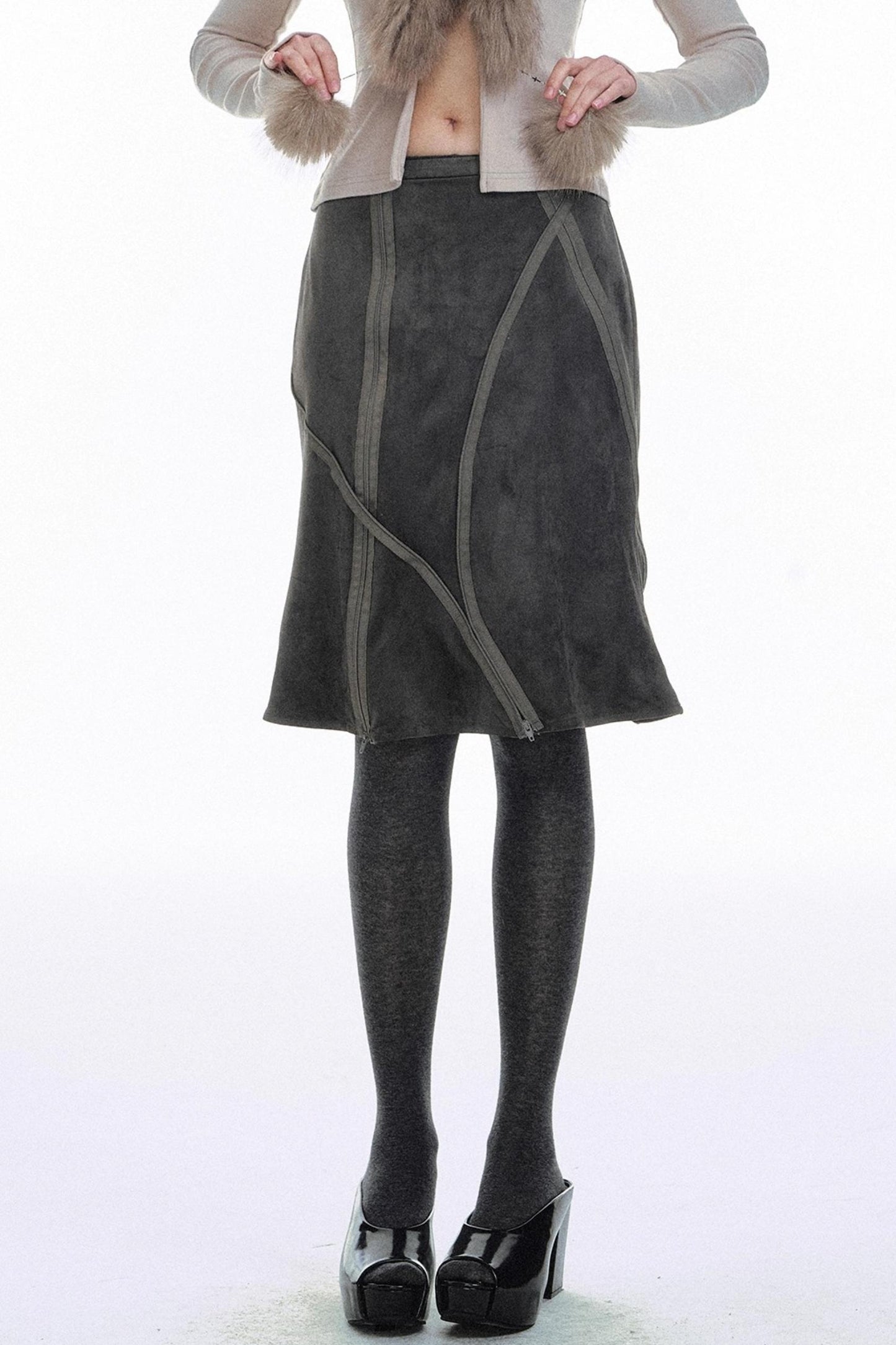 Deconstructed Zipper Leather Skirt