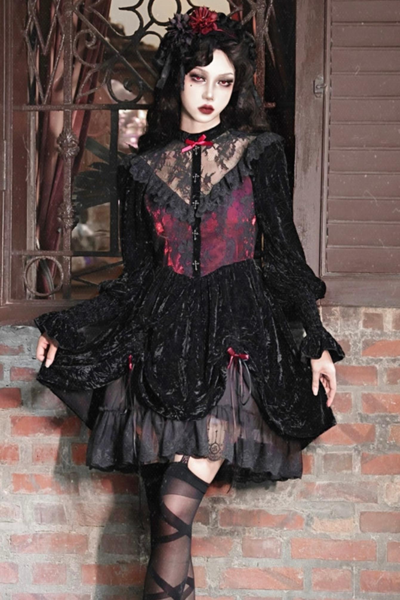 Rose Cemetery Gothic Velvet Lace Dress