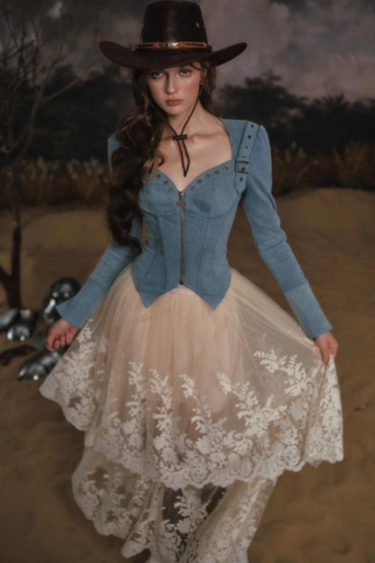 Denim Slim-Fit Jacket Skirt Set-Up