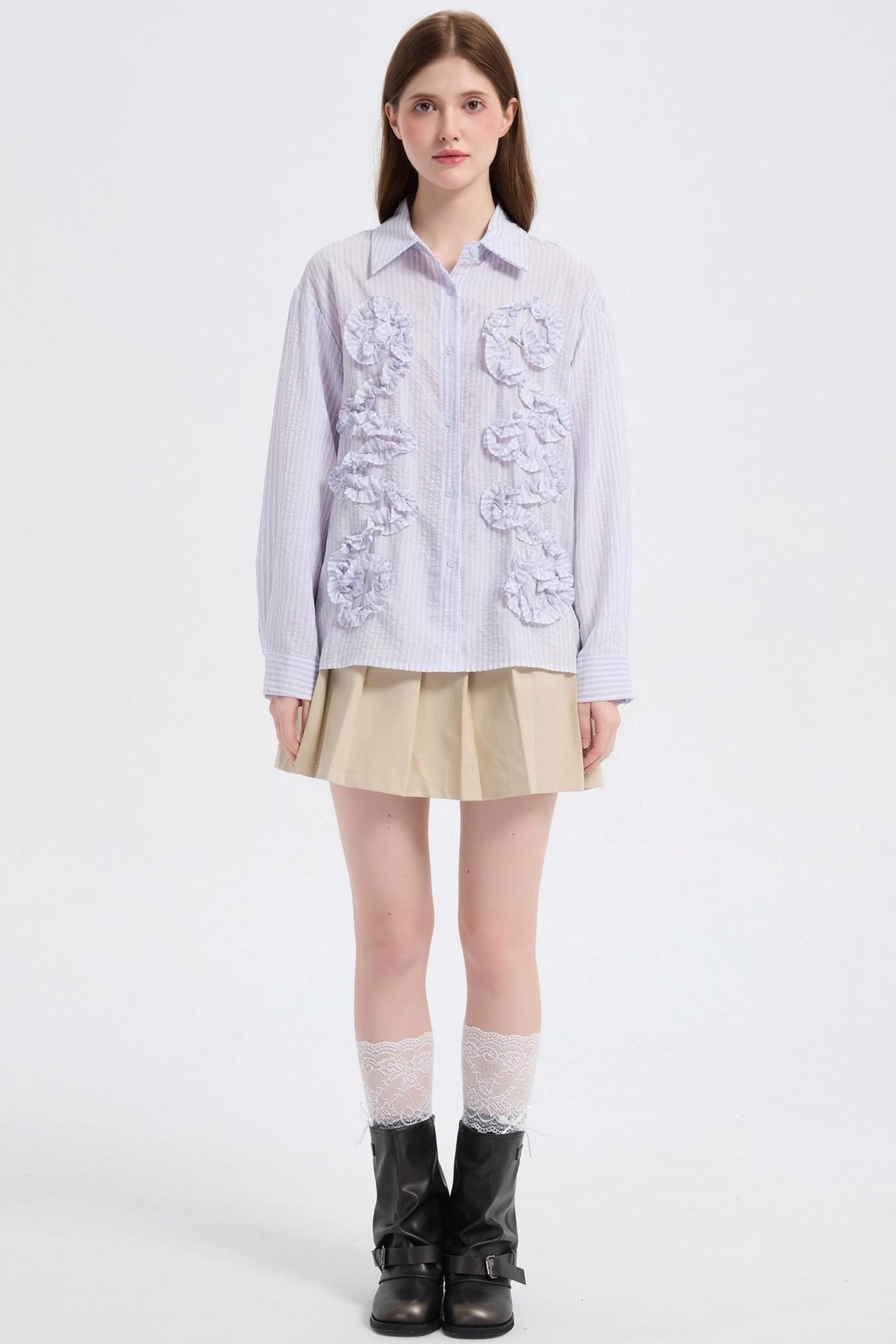 Autumn Floral Striped Ruffle Shirt