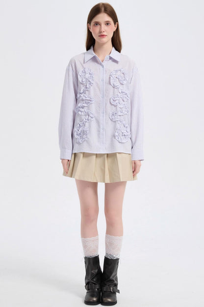 Autumn Floral Striped Ruffle Shirt