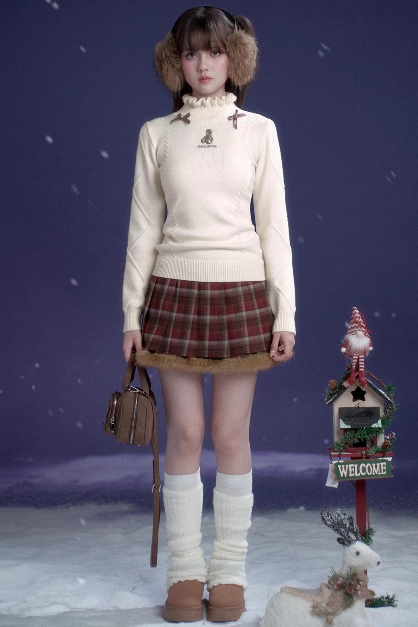 Sweet Red-Brown Plaid Skirt Set-Up