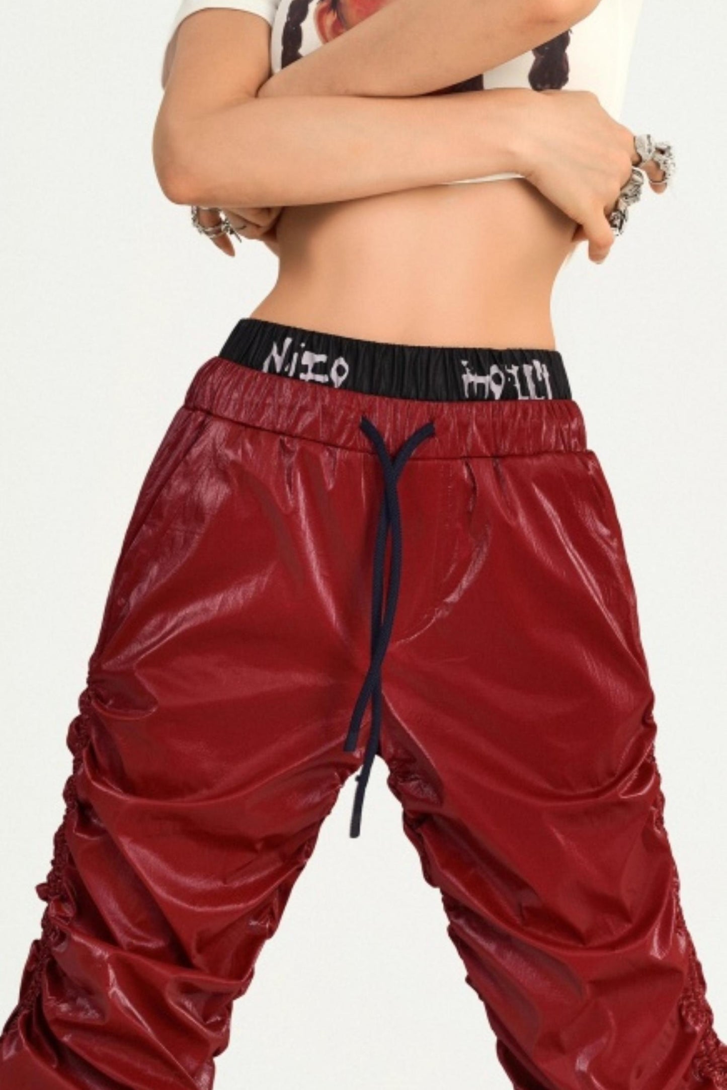 Red Pleated Leather Pants