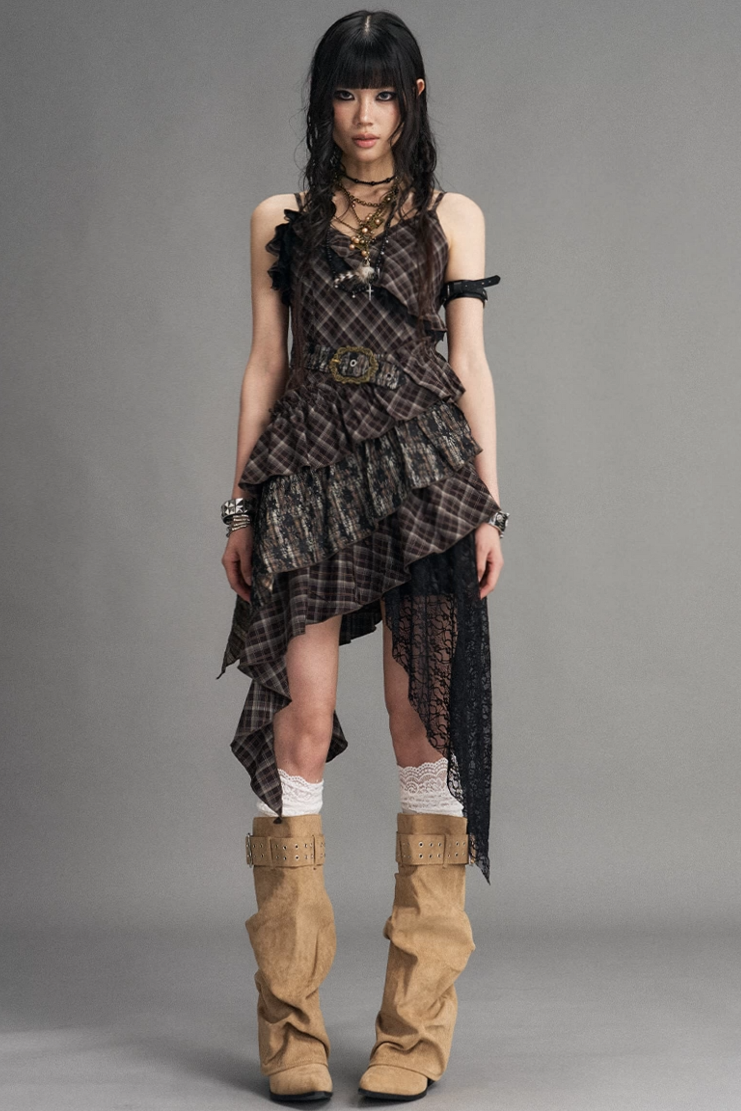 Retro Irregular Plaid Dress
