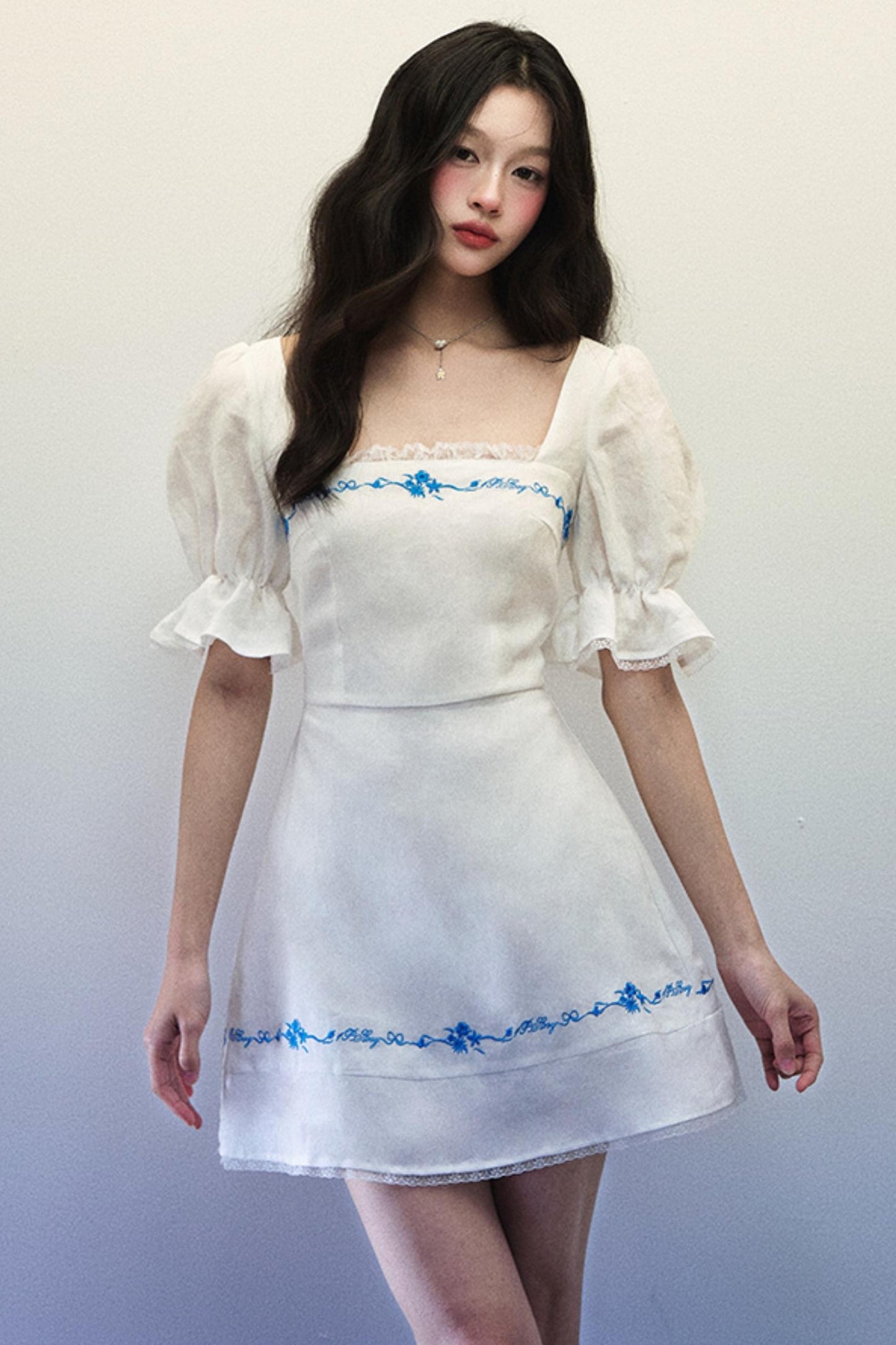 Embroidered Blue Linen Summer Dress