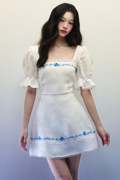 Embroidered Blue Linen Summer Dress