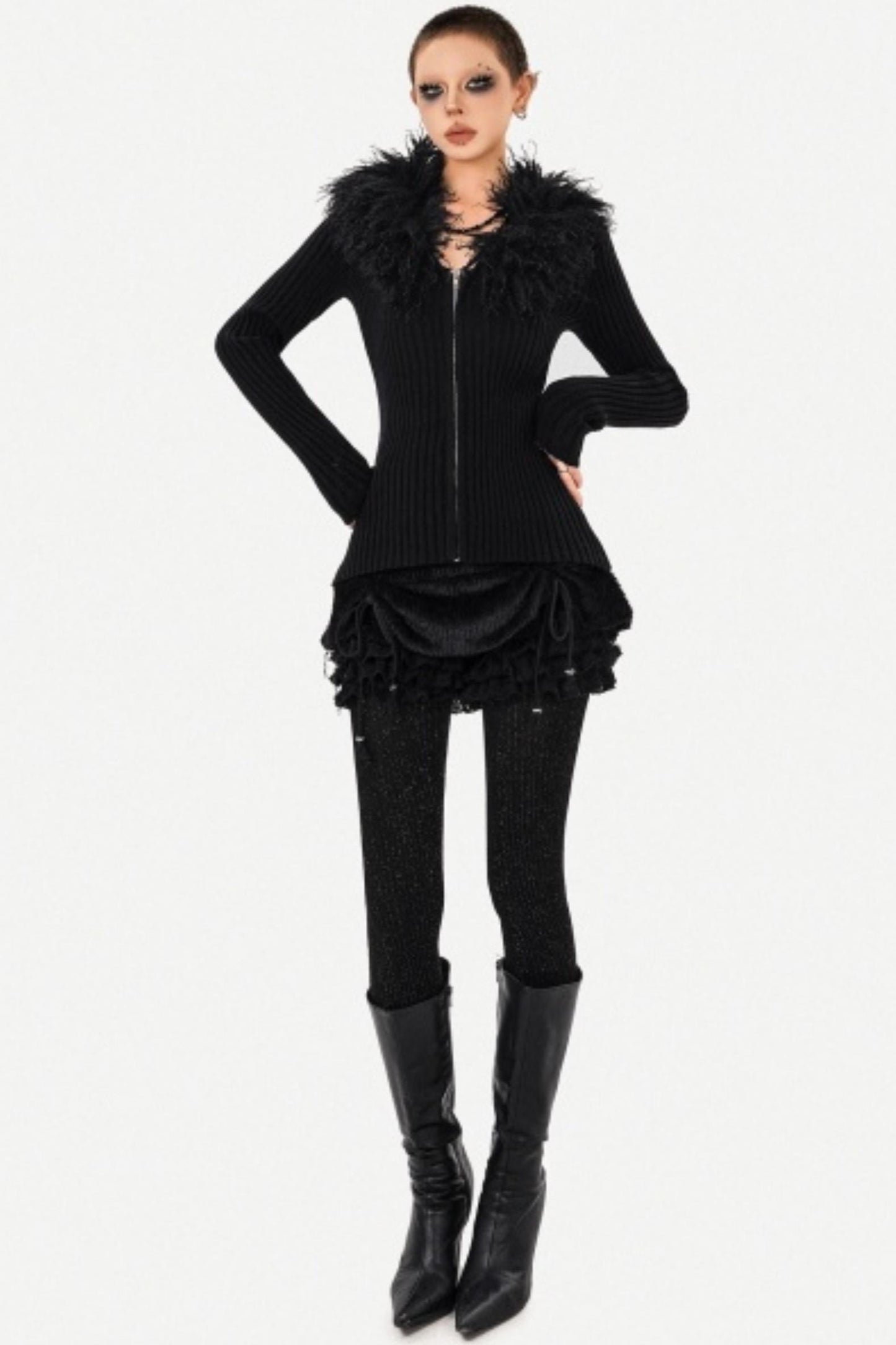 Black Fur Collar Knitted Cardigan