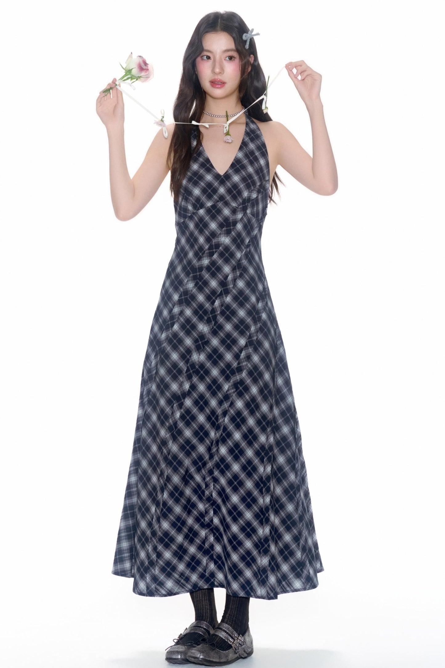 Plaid V-Neck Flutter Maxi Dress