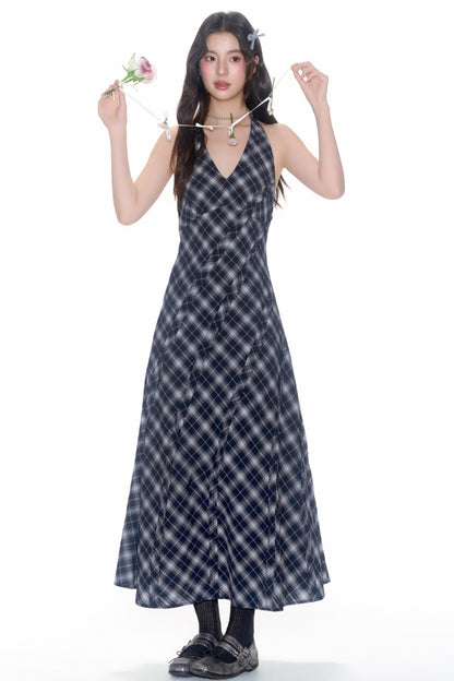 Plaid V-Neck Flutter Maxi Dress