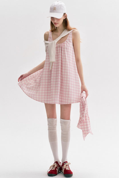 Custom Pink Plaid Pleated Short Dress