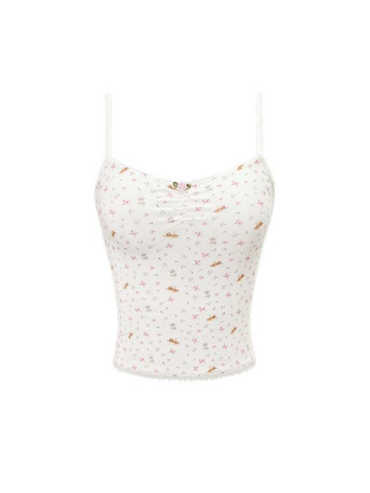 Animal Flower Print Chest Pleated Lace Camisole