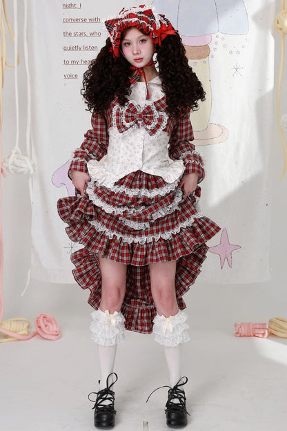 Christmas Red Checkered Bow Short Jacket