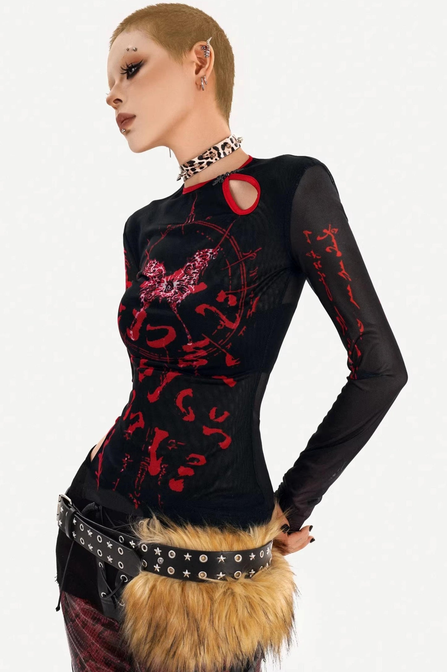 Dark Mesh Printed Top