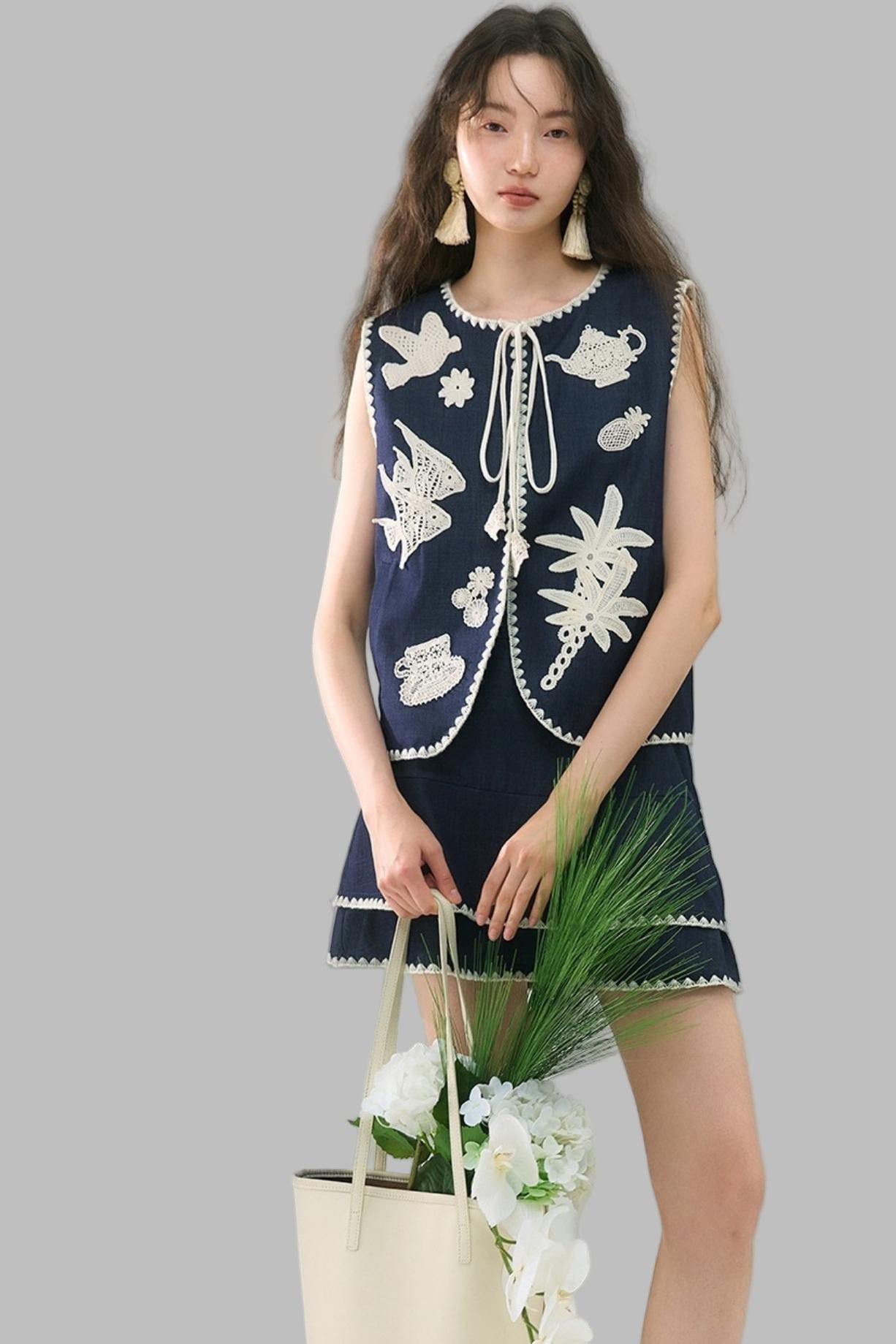 Island Tea Flower Embroidered Top & Skirt Set-Up