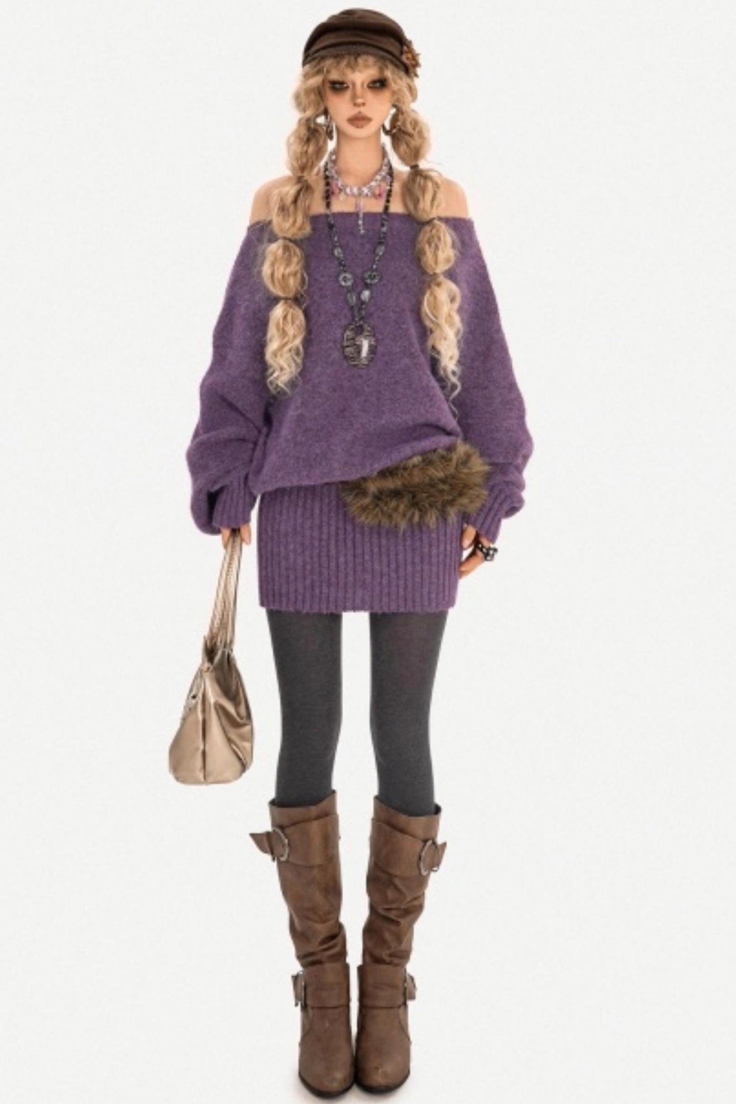 Purple Off-Shoulder Knit Dress