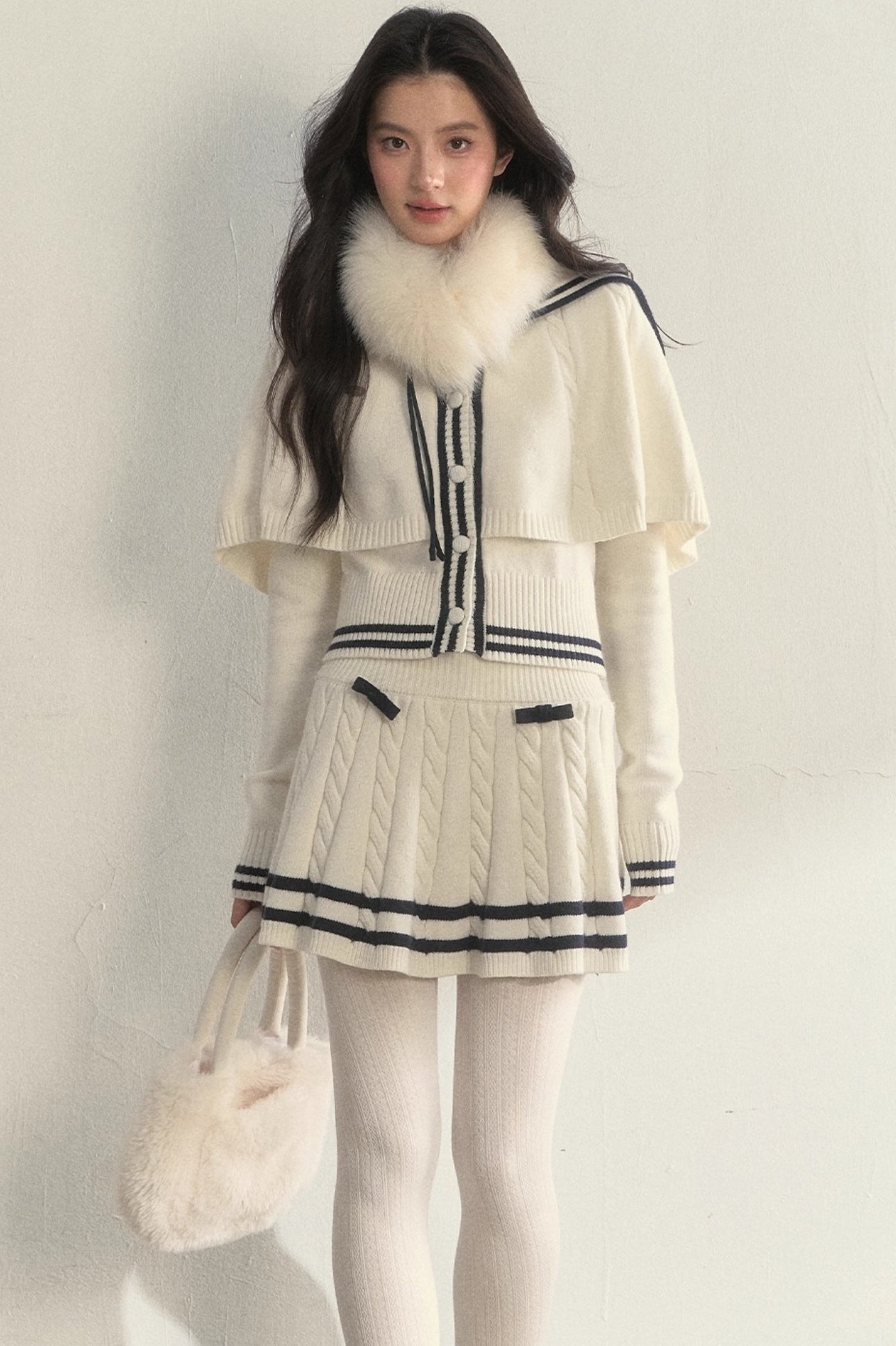 Vintage Navy Twist-Knit Cape Sweater Set-Up