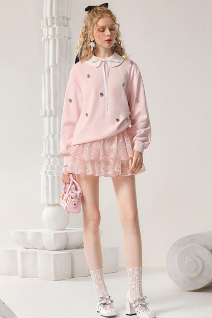 Pink Doll Collar Nail Drill Sweatshirt