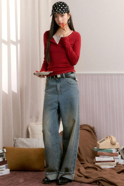 Basic Fake Two-Breasted Base Layer Top